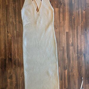 NWT Club Monaco Ribbed Cross Back Dress Size S Oak Beige Midi Knit Sleeveless